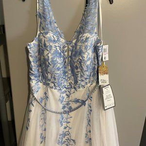 Plus size Prom dress -White with blue embroidered flowers